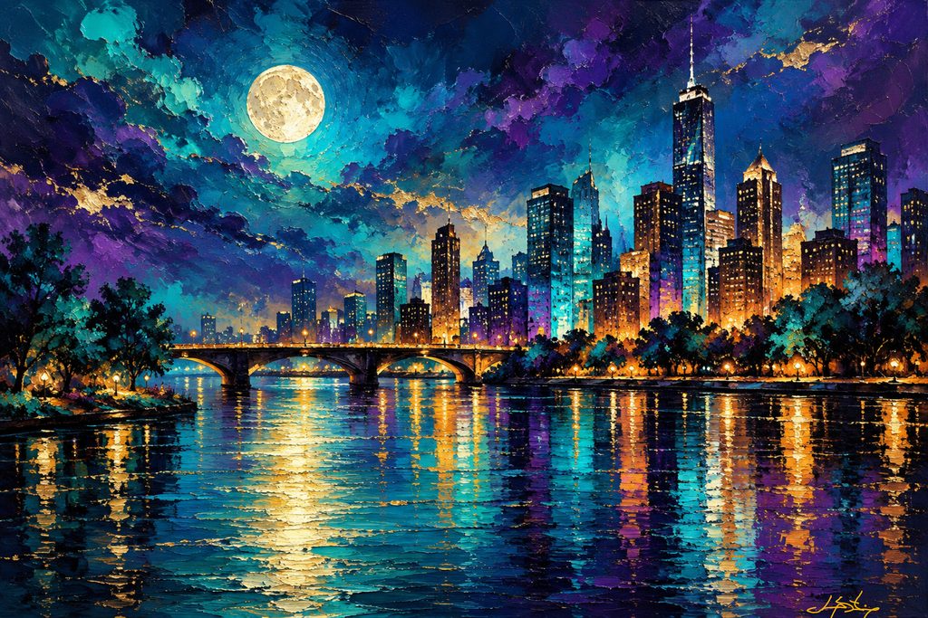 Moonlit Urban Landscape Art