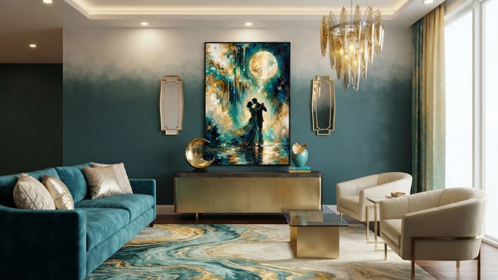 Midnight Serenade abstract art print in a luxurious, moody teal living room setting above a velvet bed.