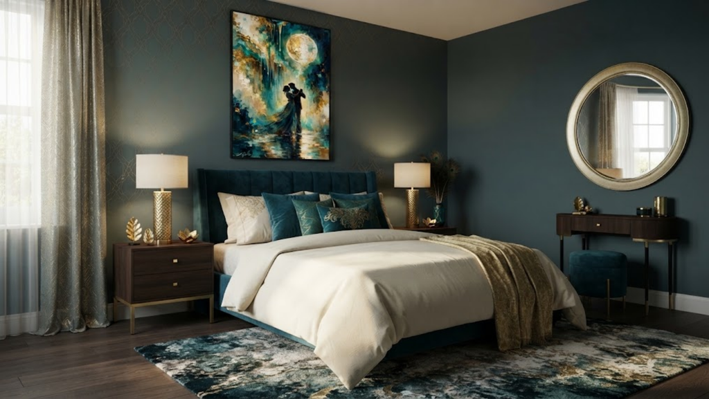 Midnight Serenade abstract art print in a luxurious, moody teal bedroom setting above a velvet bed.