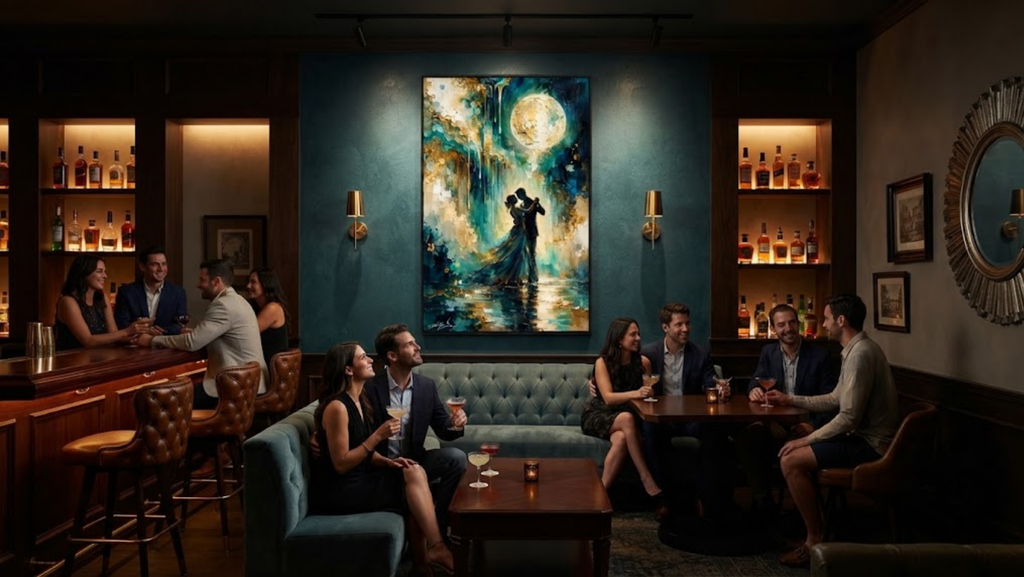 Framed Midnight Serenade fine art print displayed prominently in a sophisticated, dimly lit cocktail bar lounge.
