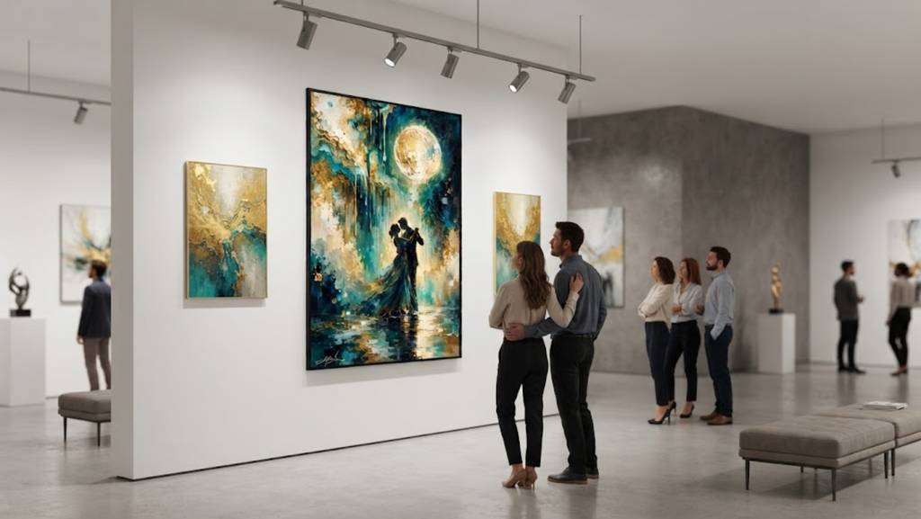 Large vertical Midnight Serenade painting hanging on a white gallery wall being observed by patrons.
