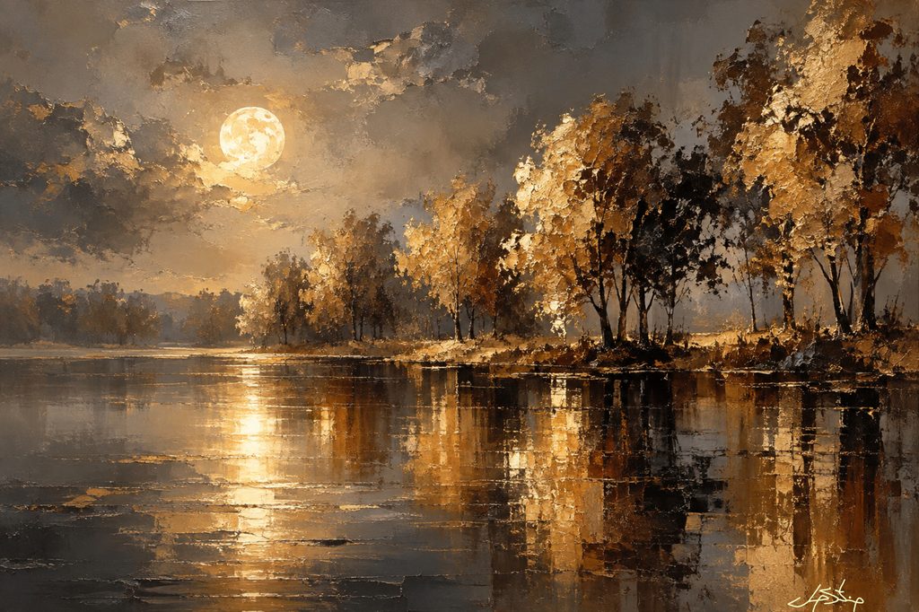 golden moonlit landscape art