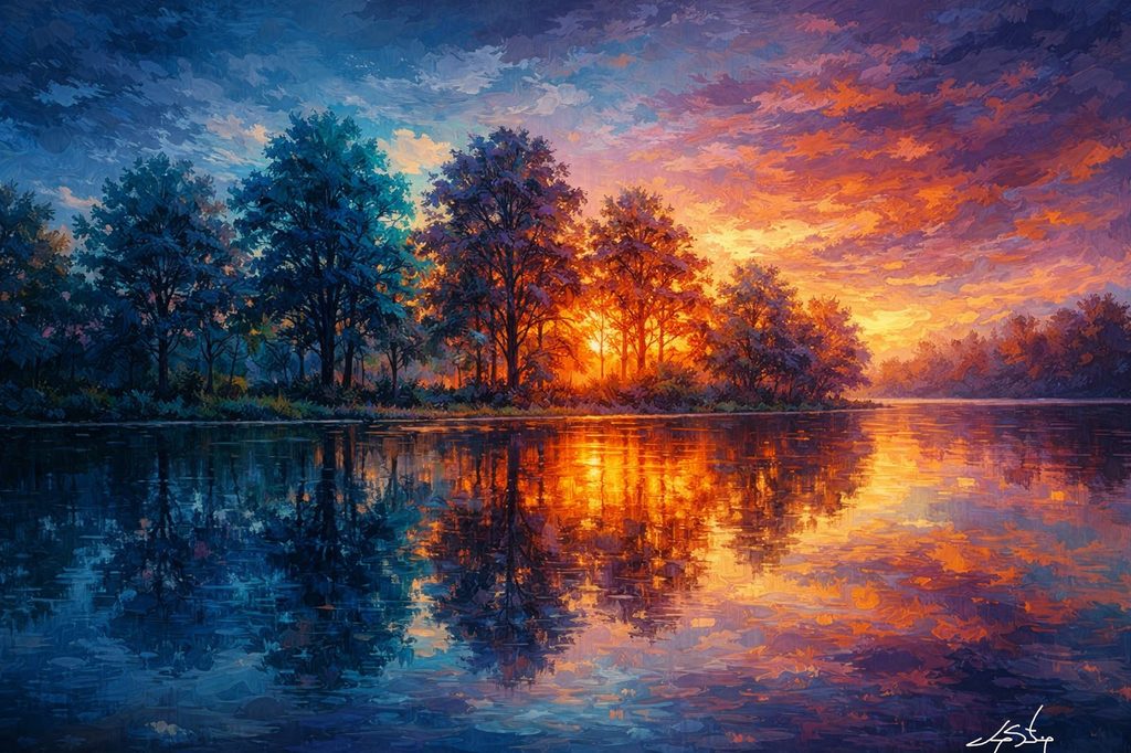 Vibrant Sunset Over Lake